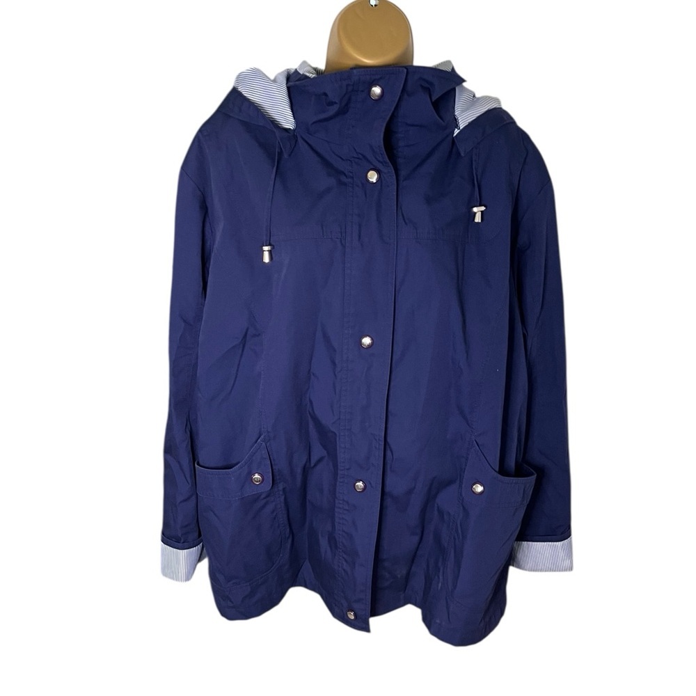Mackintosh New England Anorak Jacket Striped Hood Snap Front Navy 2X